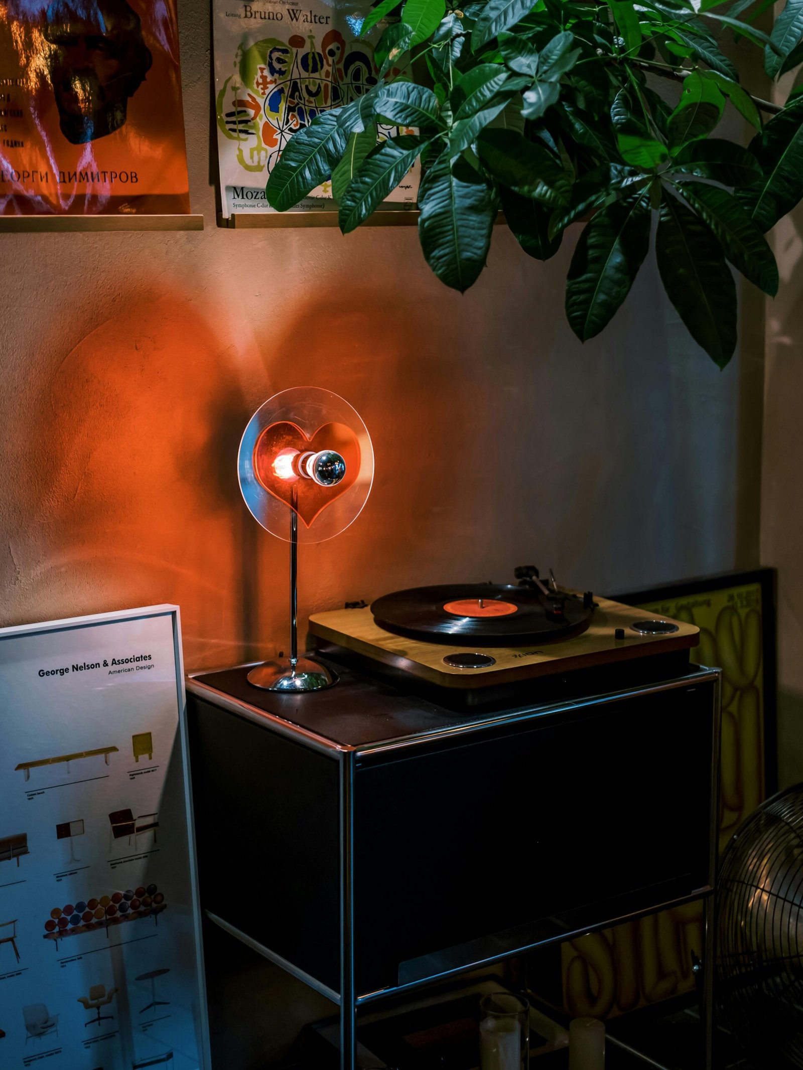 Cozy indoor scene with a vintage turntable and warm lighting, creating a nostalgic ambiance.